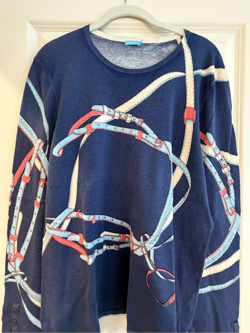 J. McLaughlin Navy Crewneck Sweater with Belt Print in Light Blue, Cream & Red